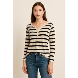 Poof Striped Henley Top Black White Long Sleeve Cotton Size Large